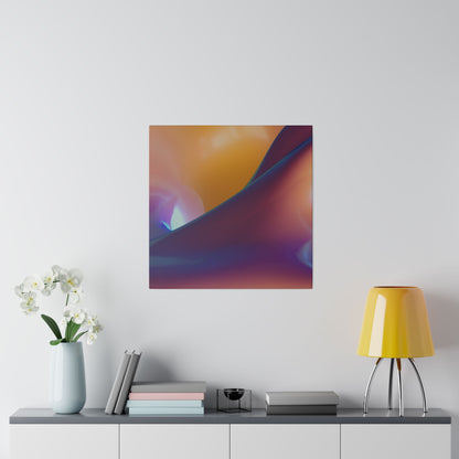 Square abstract art print with warm orange, purple, and blue gradients hung on a light wall above a sideboard.