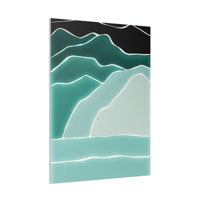 Abstract teal and mint mountains outlined in white against a black sky.