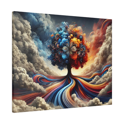 Colorful abstract painting of a tree with swirled rainbow roots and vibrant blossoms against a cloudy sky.