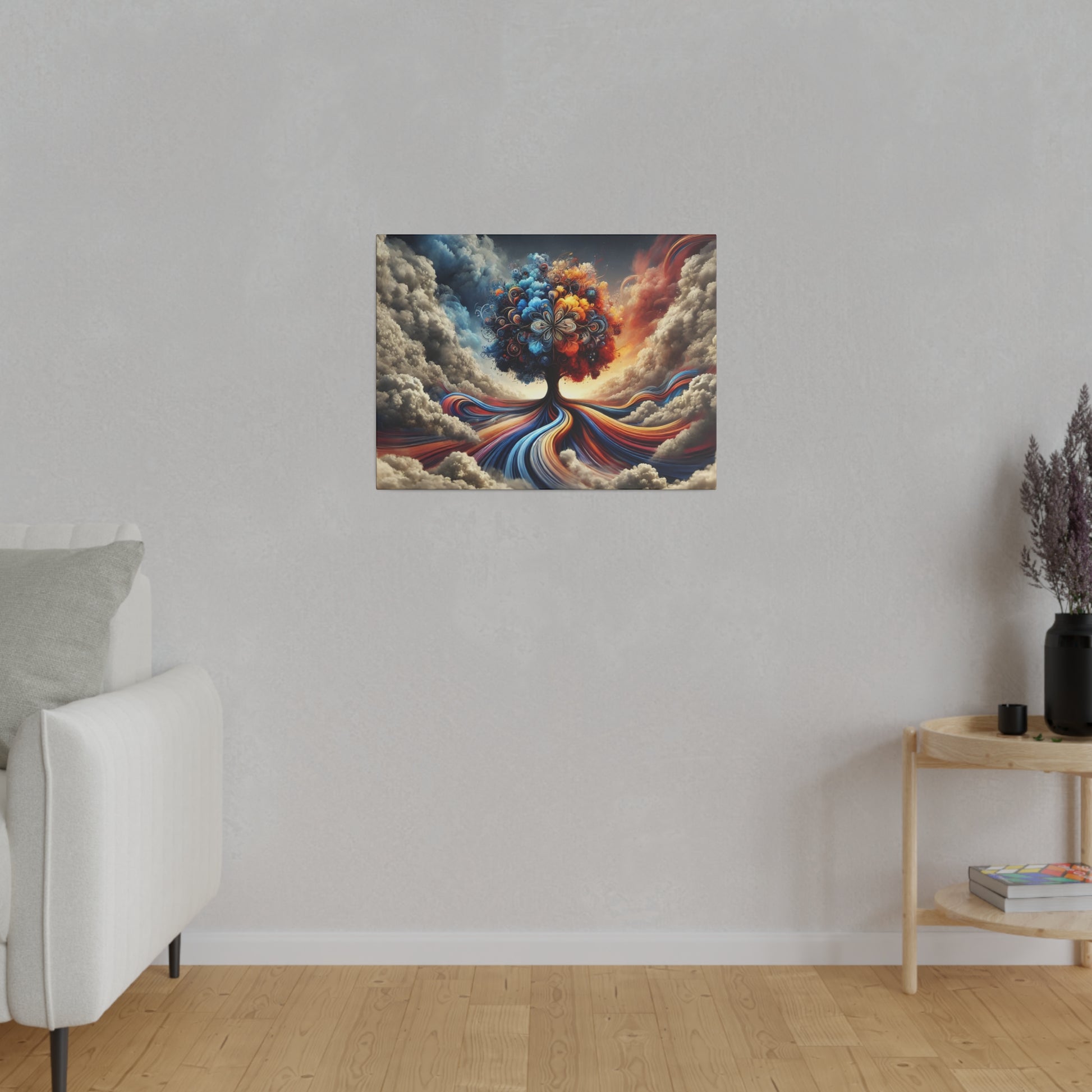 Colorful abstract painting with swirling blue, orange, and red ribbons above a light gray living room wall.