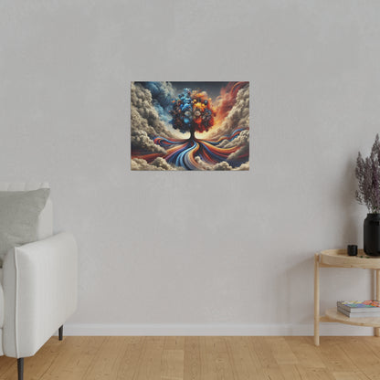 Colorful abstract painting with swirling blue, orange, and red ribbons above a light gray living room wall.