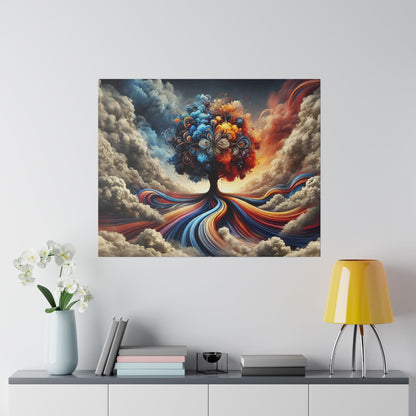 Abstract painting of a vibrant tree with multicolored swirls and flowing blue, red, and orange ribbons amid cloudy skies.