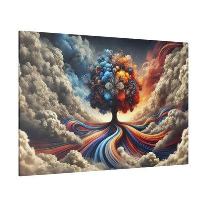 Colorful surreal canvas print of a tree with swirling multicolored roots and blossoms amid fluffy clouds.