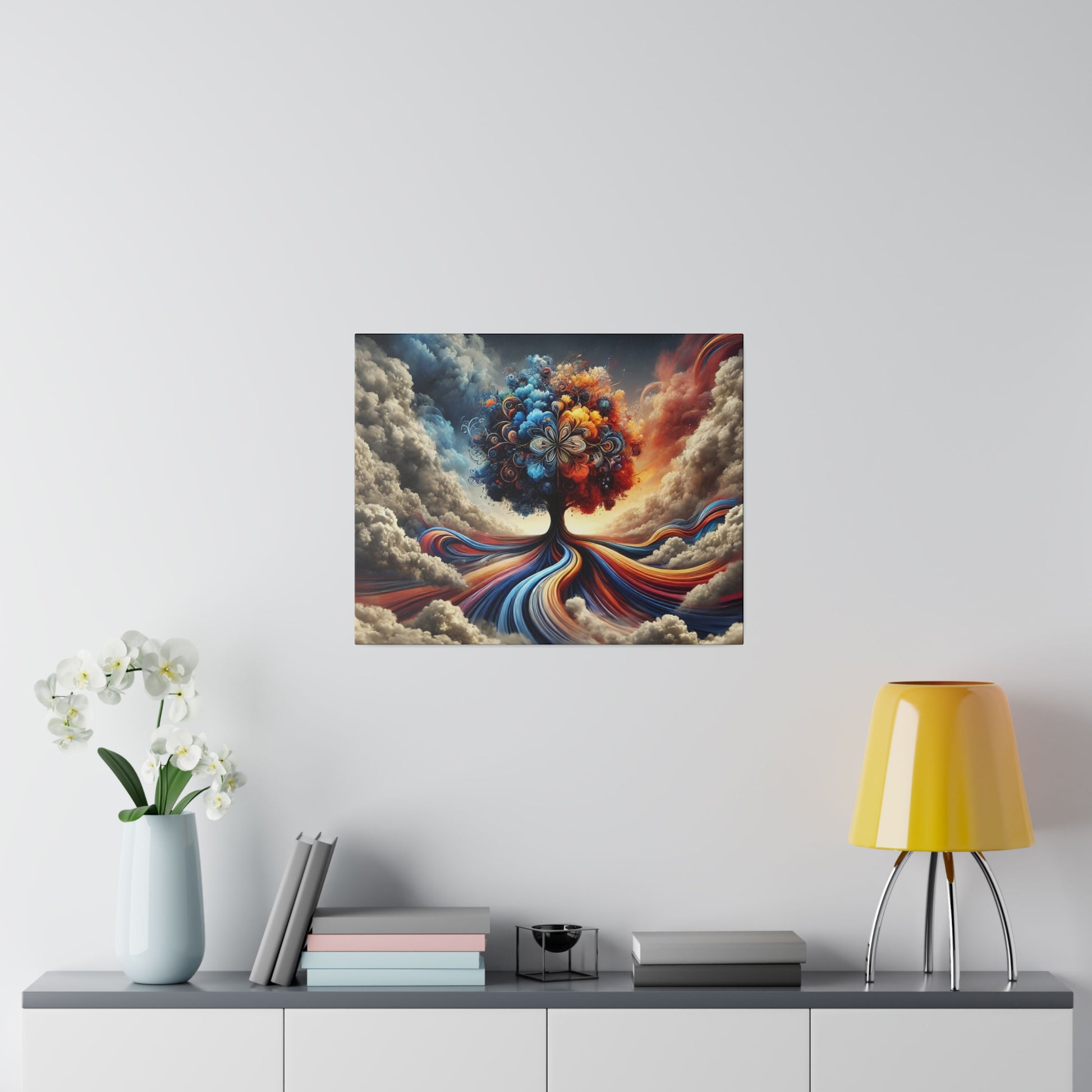 Square painting of a rainbow-colored tree with swirling roots and cloudy sky, hung on a white wall above a sideboard.