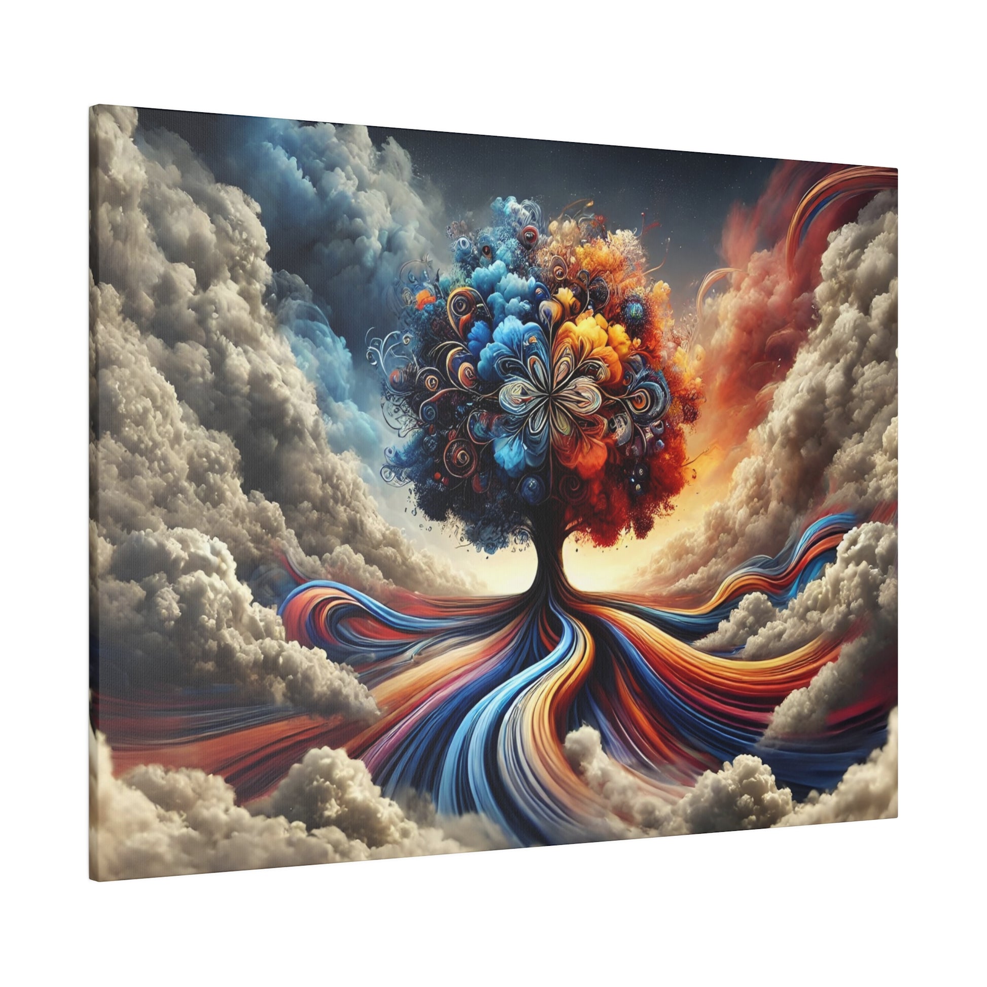 Abstract art print depicting a vibrant, multicolored tree with swirling branches and ribbon-like roots flowing through dramatic clouds.
