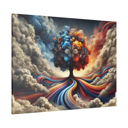 Abstract art print depicting a vibrant, multicolored tree with swirling branches and ribbon-like roots flowing through dramatic clouds.