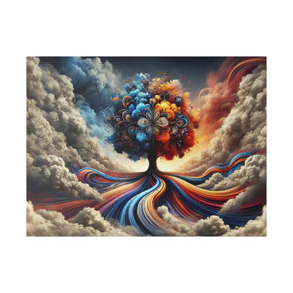 Colorful surreal painting of a tree with vibrant blue, orange, and red swirls forming its trunk and branches among cloudy skies.