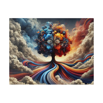 Surreal painting of a tree with a vibrant, multicolored canopy and flowing rainbow-hued roots amid cloudy skies.