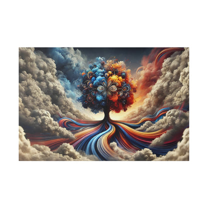 Abstract painting of a vibrant, multicolored tree with swirling roots and surrounding blue, red, orange clouds.