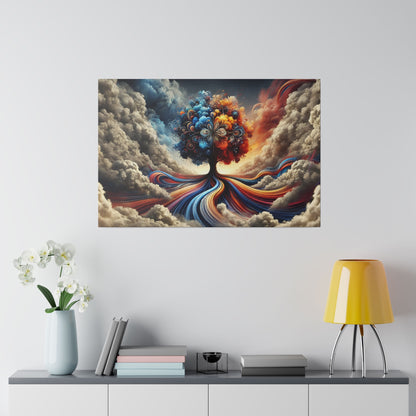 A surreal canvas artwork featuring a vibrant tree with multicolored flowing roots, set among dramatic clouds on a white wall.