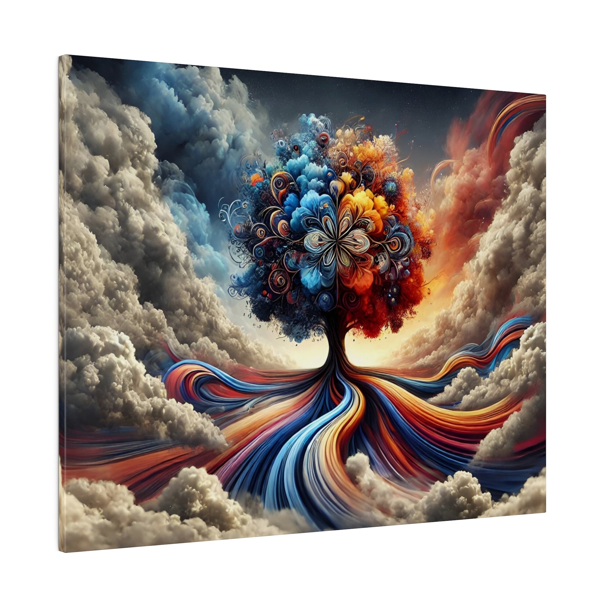 Colorful abstract tree with swirling ribbons of blue, red, and orange rising from a multicolored trunk among dramatic clouds.