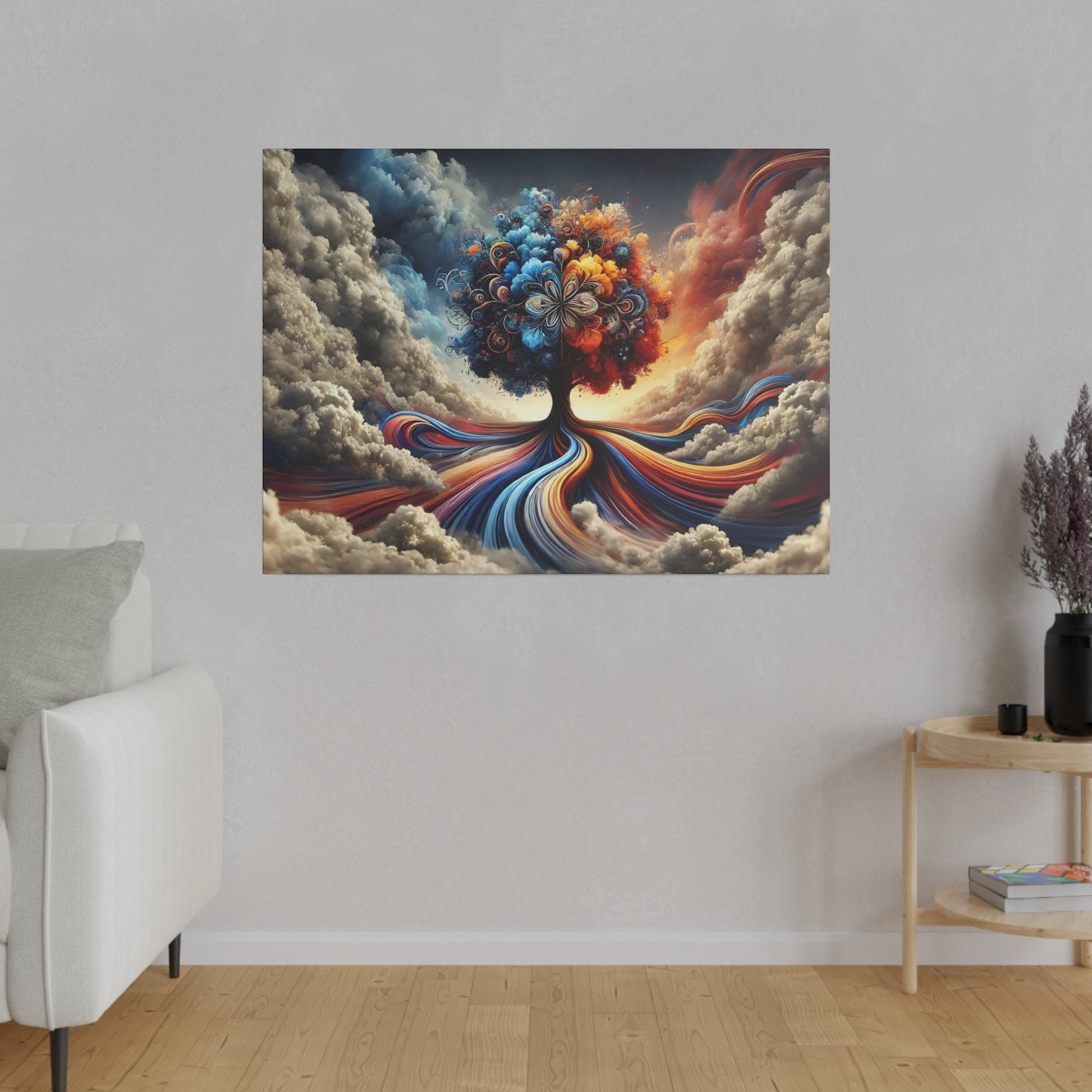 Colorful surreal painting of a tree with swirling rainbow roots and a cloud-filled background mounted on a light-gray wall.