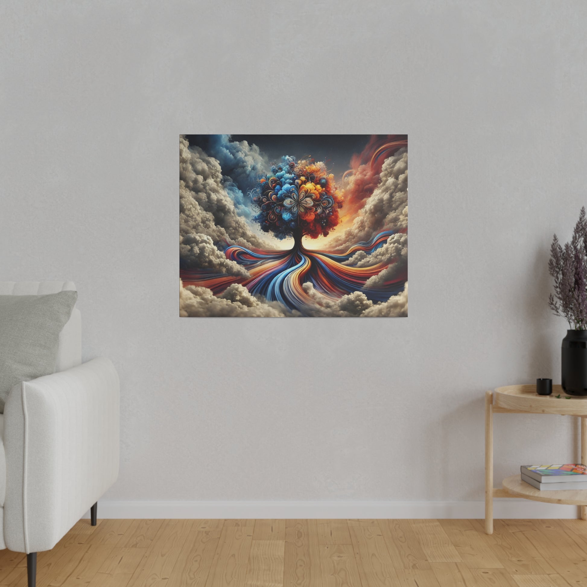 Square wall art depicting a vibrant abstract tree with multicolored swirling roots among clouds, hung on a light gray wall.