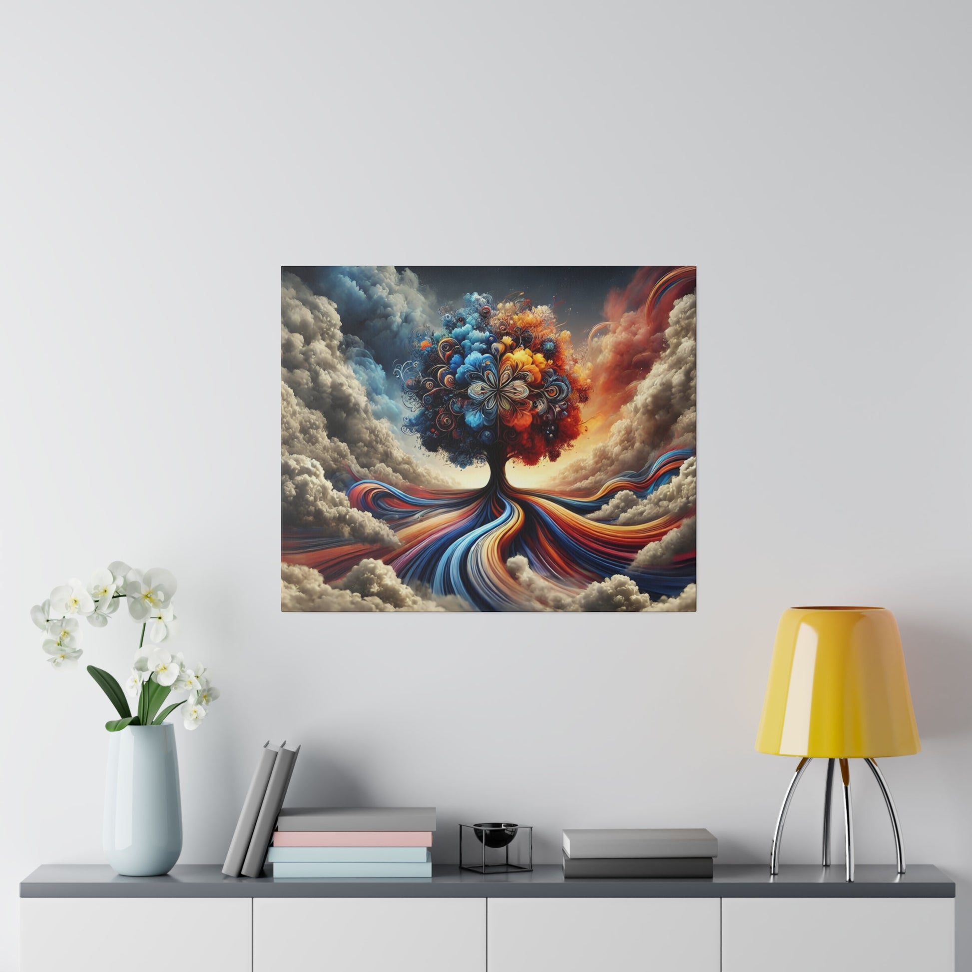 Square canvas wall art depicting a vibrant tree with multicolored, swirling branches over a cloudy sky.