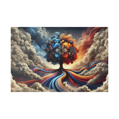 Abstract painting of a tree with a multicolored trunk and swirling roots, blossoms in blues, oranges, and yellows, surrounded by cloudy sky.