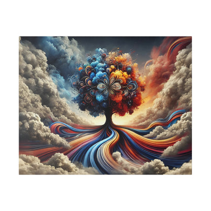 Colorful surreal painting of a tree with a vibrant multicolored canopy and root-like ribbons extending through a cloudy sky.
