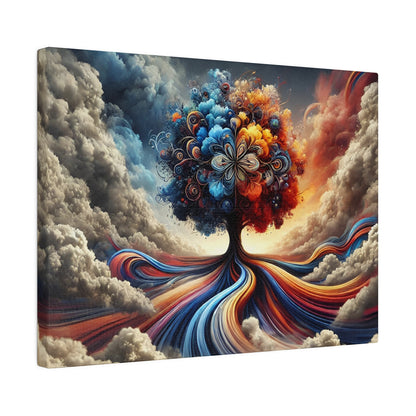 Colorful abstract painting of a tree with a multicolored swirling trunk and vibrant floral canopy against a cloudy sky.