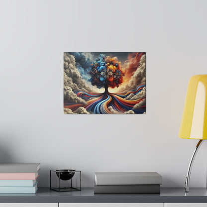 Abstract painting of a colorful tree with swirling ribbon-like roots mounted on a gray wall.