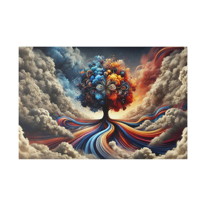 Surreal painting of a multicolored tree with swirling ribbon-like roots and blossoms, set among gray clouds.