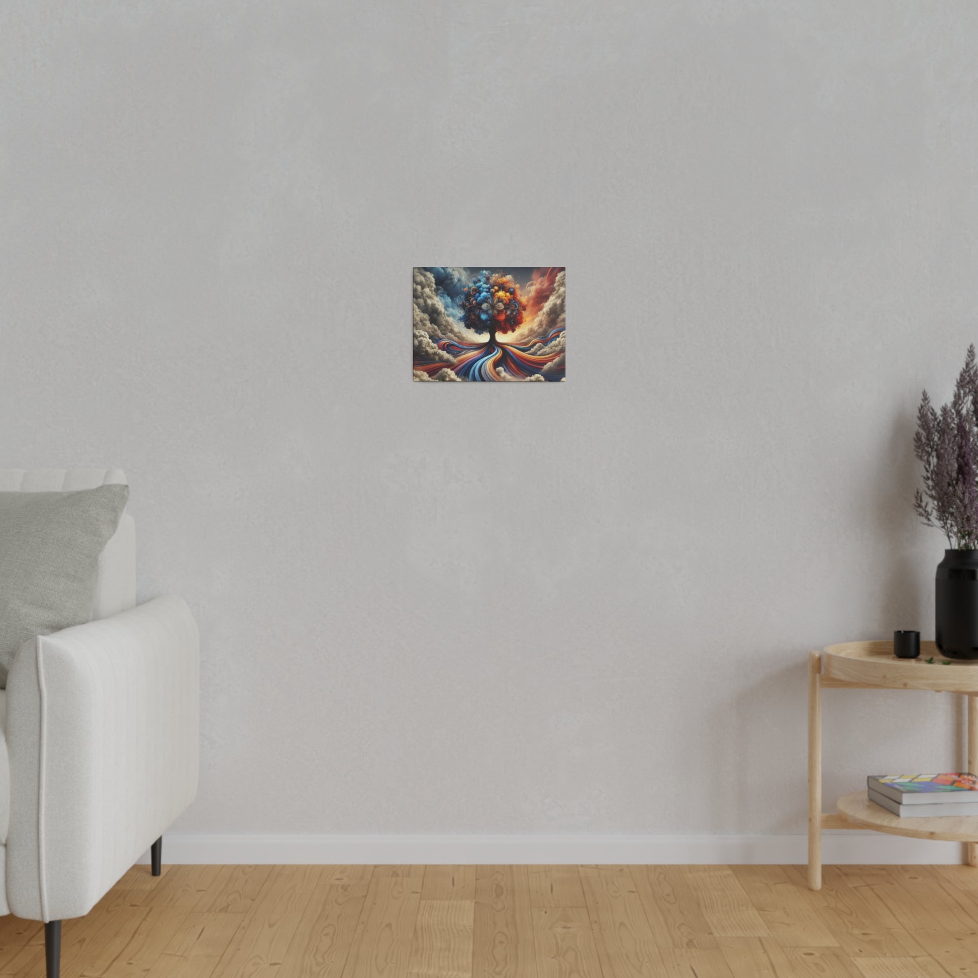 Small square painting with vibrant blues, reds, and yellows hanging on a light gray textured wall above a wooden floor.