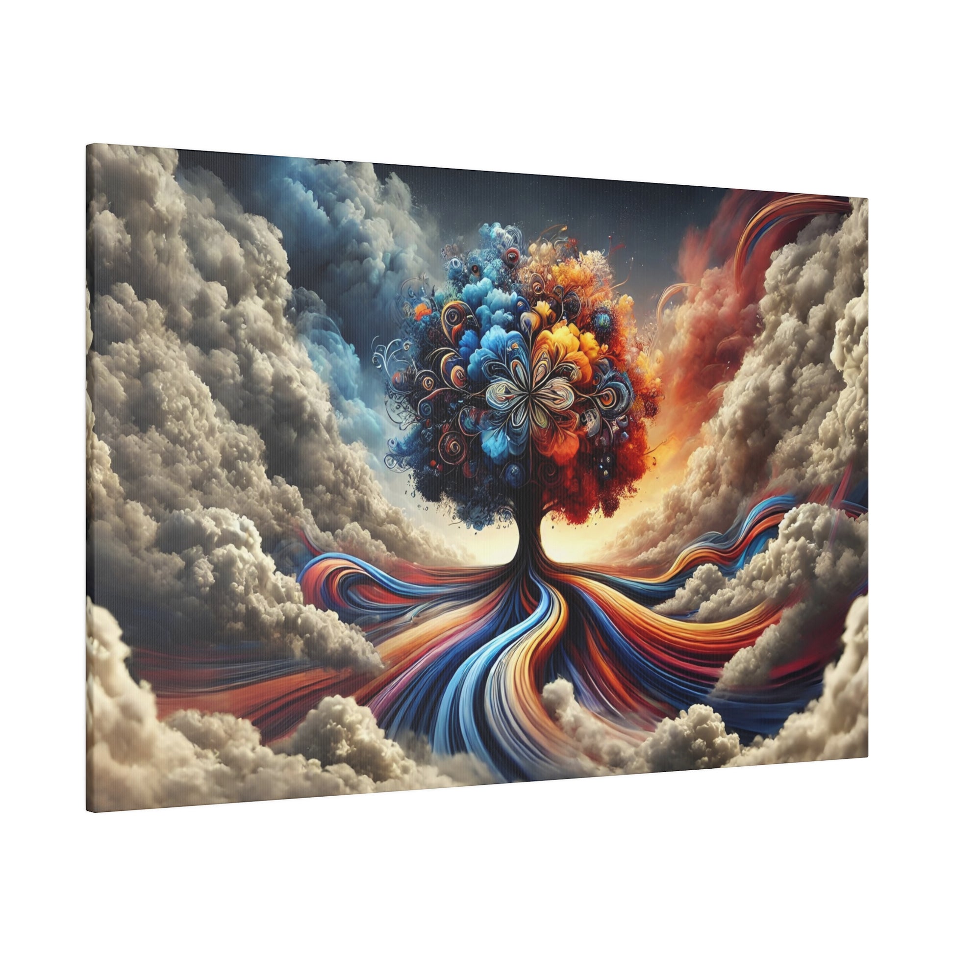 Painted surreal image of a vibrant tree with multicolored, swirling roots extending through clouds.