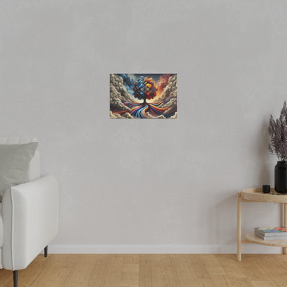 Small rectangular painting of a colorful surreal tree with swirling blue, red, and orange ribbons amid cloudy skies.