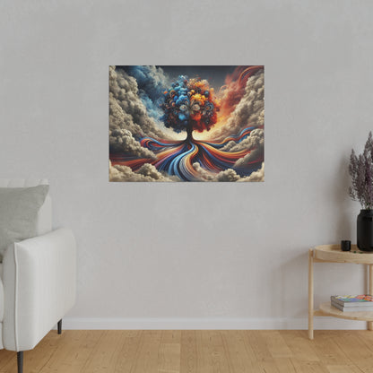 Colorful abstract painting of a tree with swirling rainbow roots and billowing clouds, hung on a light gray living-room wall.