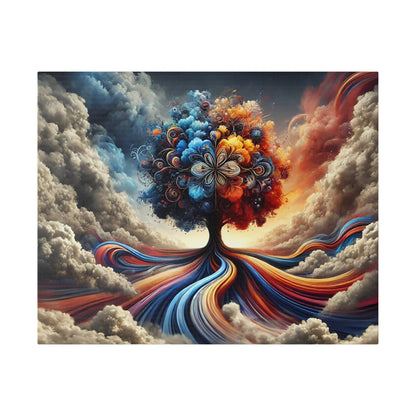 Colorful abstract painting of a tree with a vibrant flowered canopy and swirling rainbow roots against a cloudy sky.