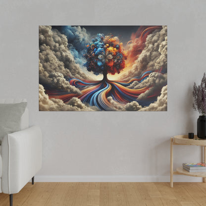 Colorful surreal painting of a tree with bright blue, red, and orange swirls flowing from its trunk, set among dark clouds.
