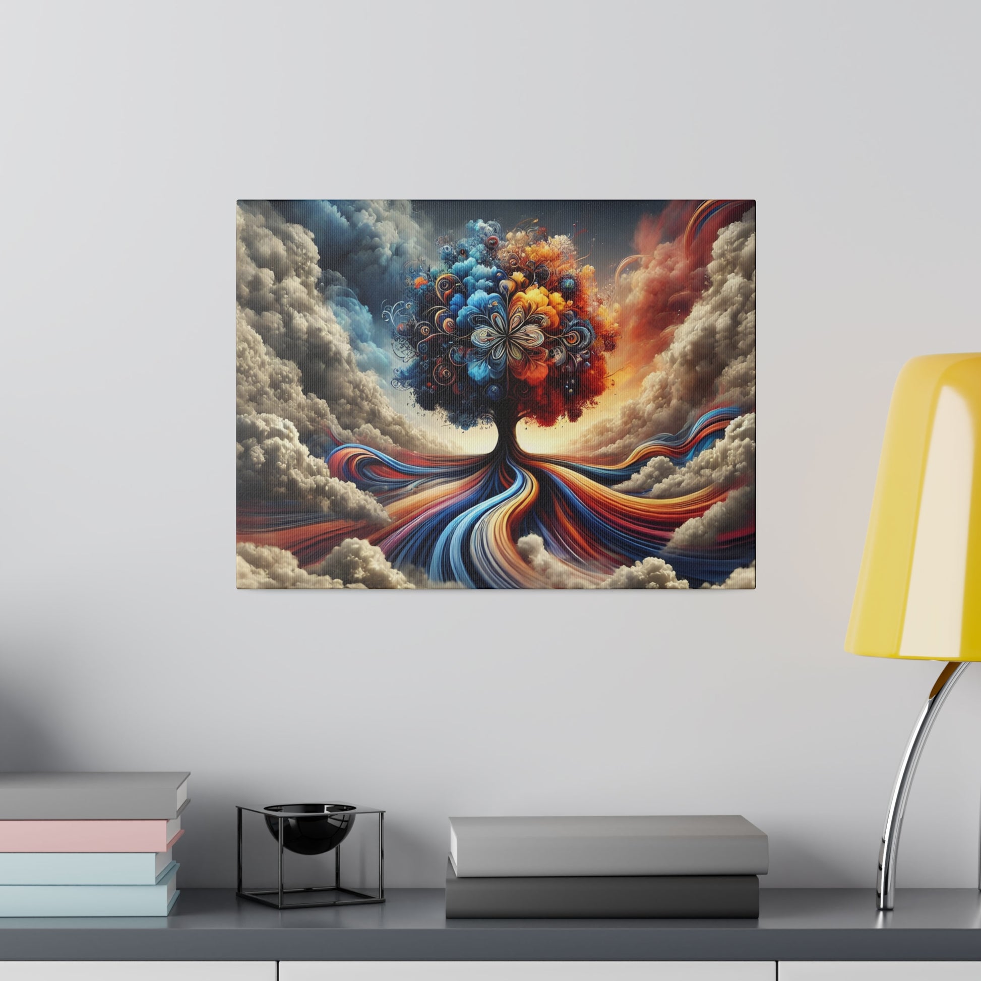 Colorful surreal canvas painting of a tree with rainbow swirls as its roots, set among cloudy skies.