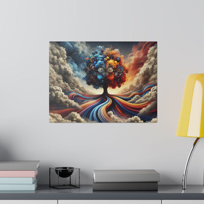 Colorful surreal canvas painting of a tree with rainbow swirls as its roots, set among cloudy skies.