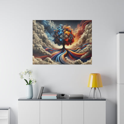 Colorful surreal painting of a tree with swirling blue, red, and orange roots, hung above a white sideboard in a modern room.