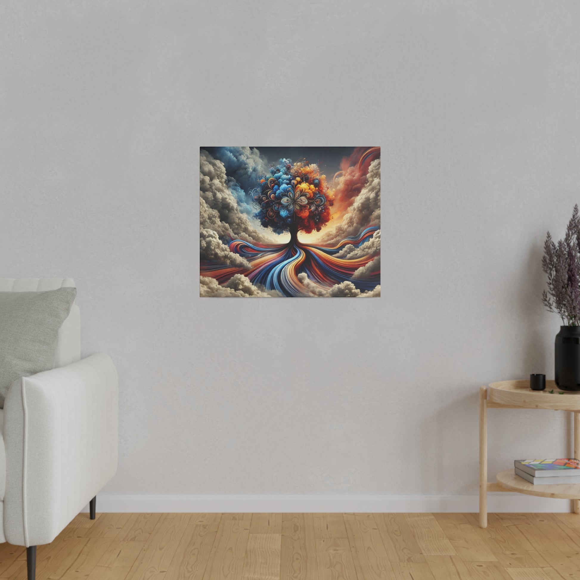 Square painting of a colorful tree with swirling rainbow roots against cloudy sky on a light gray wall.
