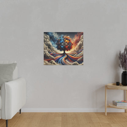 Square painting of a colorful tree with swirling rainbow roots against cloudy sky on a light gray wall.