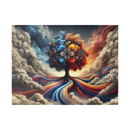Vibrant surreal painting of a tree with multicolored, swirling roots and foliage against a cloudy sky.