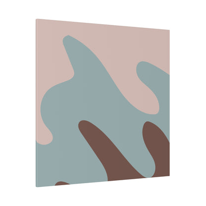 Abstract wall art canvas with large blue-gray organic shapes on a soft pink background and brown accents.