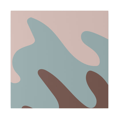 Abstract wall art on a pastel pink background with blue and brown organic shapes.