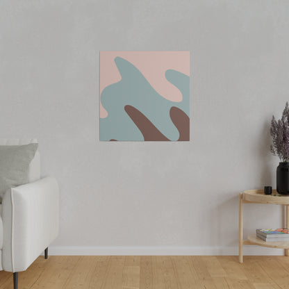 Square abstract painting with pink, blue, and brown organic shapes hung on a light gray wall.
