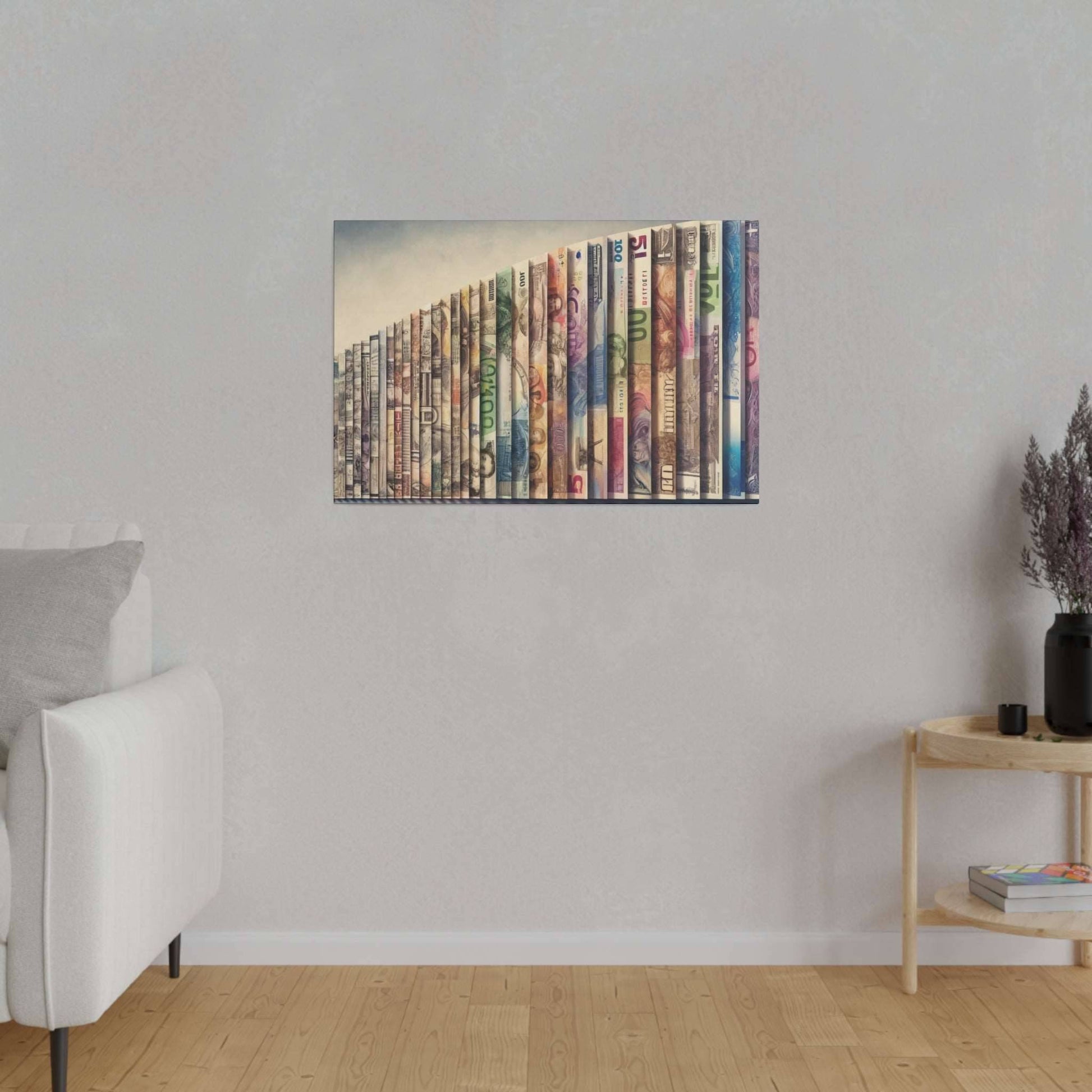 Canvas wall art depicting a row of colorful currency notes, mounted on a light gray wall in a modern living room.