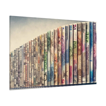 Colorful stack of currency bills arranged in a curved row on a pale gradient background, depicted on a canvas.