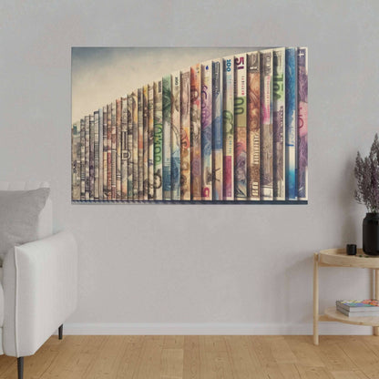 Large canvas print of a row of colorful stacked banknotes forming a diagonal line on a light-gray wall.