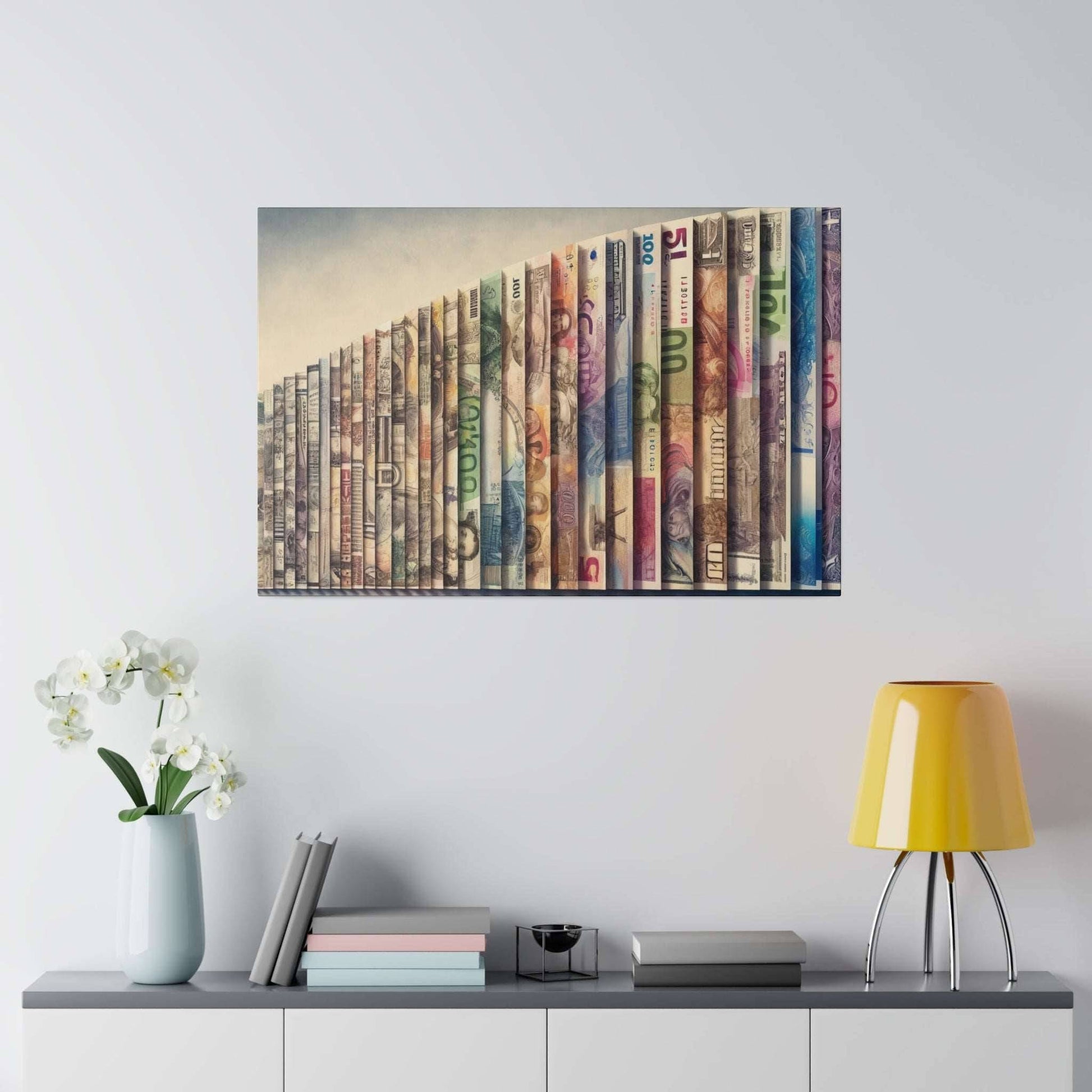 Canvas wall art showing a diagonal row of colorful currency banknotes from various countries.