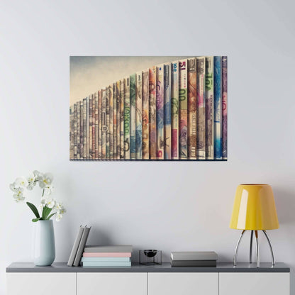 Canvas wall art showing a diagonal row of colorful currency banknotes from various countries.