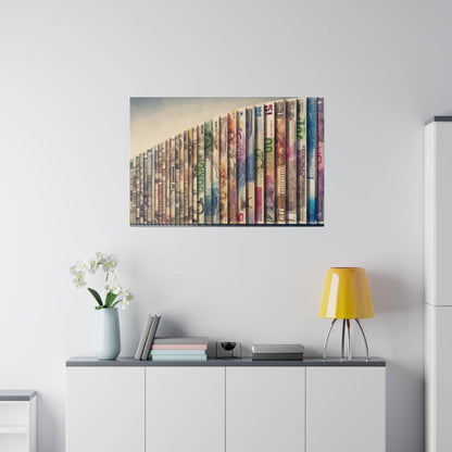 Framed wall art showing colorful banknotes standing upright in a row, arranged like books on a shelf above a white cabinet.