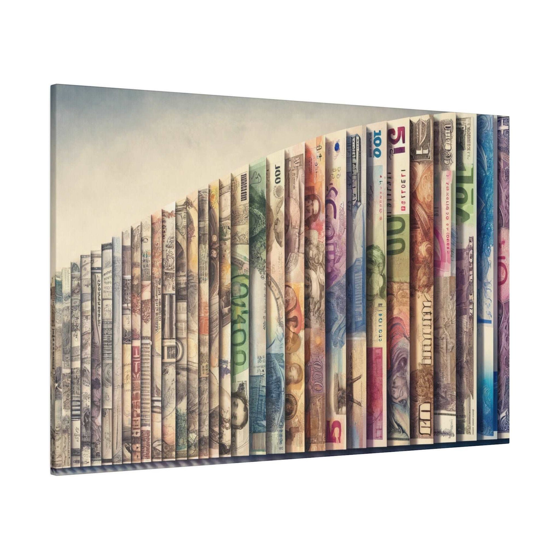 Colorful banknotes from various currencies arranged in an arched row on canvas.