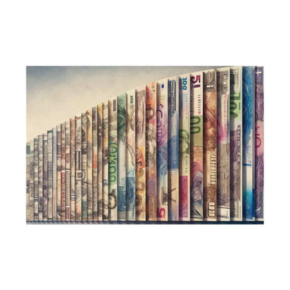 A canvas art piece featuring a row of upright, varied international banknotes in a colorful collage.