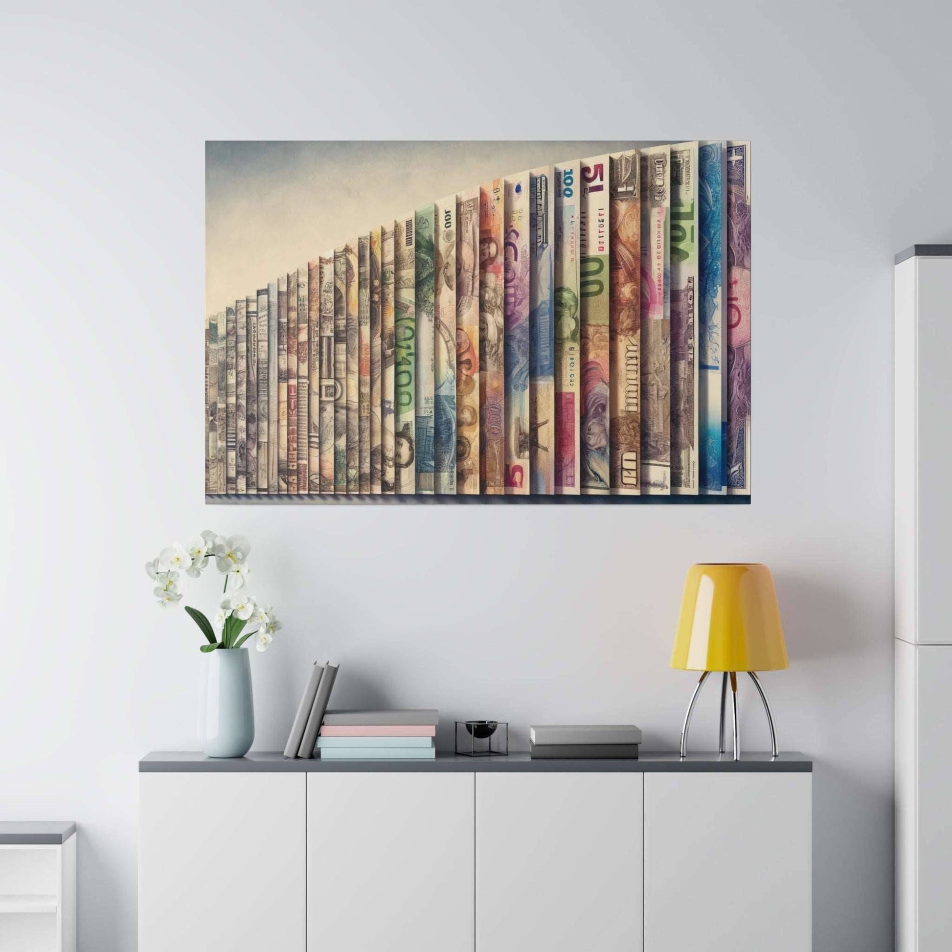 Canvas wall art showing a row of vertically arranged colorful currency banknotes.
