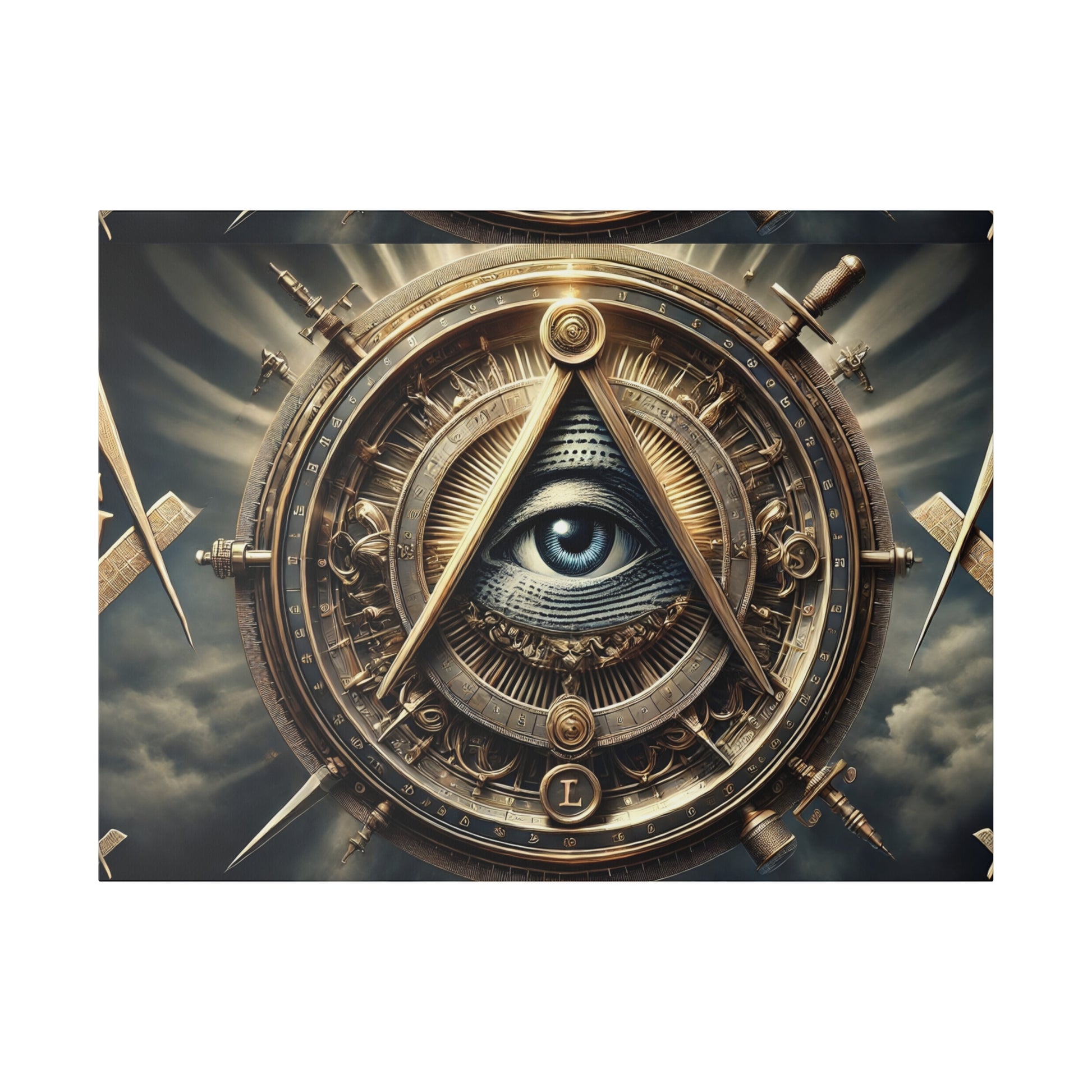 Bronze-toned circular steampunk device with gears and an illuminated blue eye at the center.