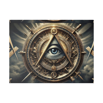 Bronze-toned circular steampunk device with gears and an illuminated blue eye at the center.