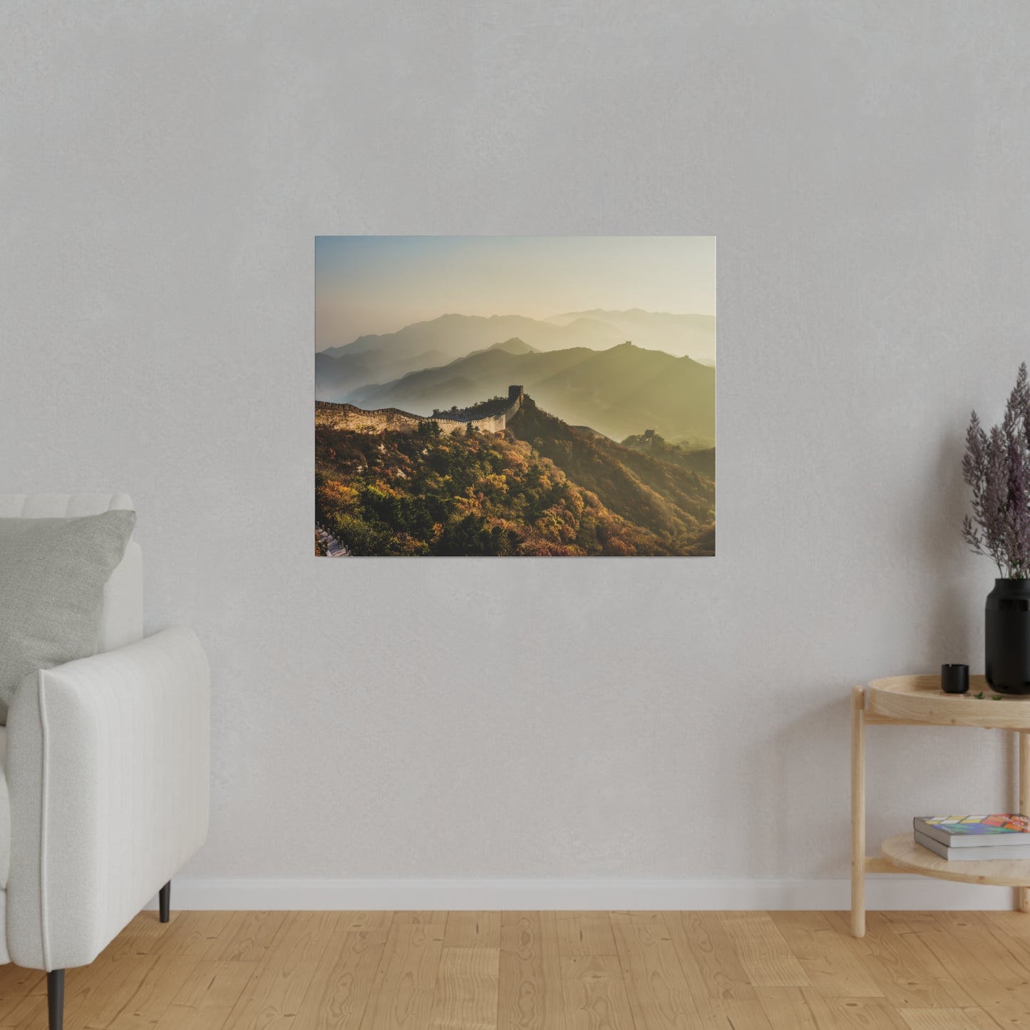 An expansive view of the ancient Great Wall of China as it traverses through the hills.